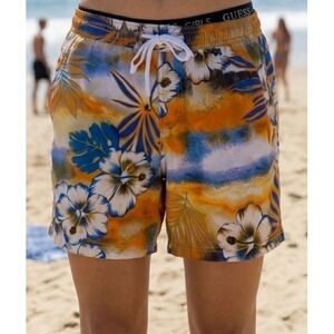 Guess Tropical Floral Hibiscus Shorts Orange Blue Viscose  Small